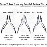Parallel action plier set with round nose, concave, and flat jaw pliers for jewelry making.